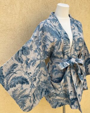 KIMOVESTE HAORI lin feuillages bleu